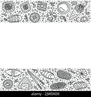 Affiche avec sushi en forme de doodle et rouleaux avec lignes, tourbillons, symboles autour. Illustration de Vecteur
