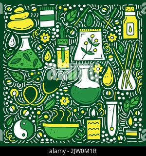 Doodle coloré médecine alternative et ayurveda icônes avec des lignes, des symboles autour isolé sur fond vert. Illustration de Vecteur