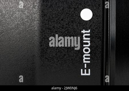 Marquage E-Mount sur l'objectif Sony SEL70350G Banque D'Images