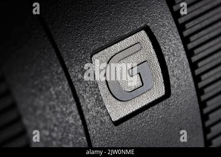 Marque G sur l'objectif Sony SEL70350G Banque D'Images