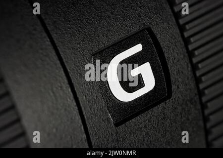 Marque G sur l'objectif Sony SEL70350G Banque D'Images