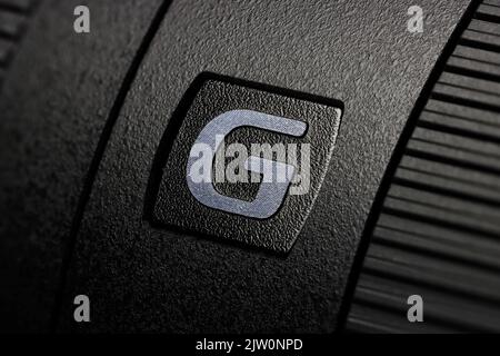 Marque G sur l'objectif Sony SEL70350G Banque D'Images