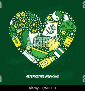 Doodle coloré médecine alternative et ayurveda icônes composées en forme de coeur. Illustration de Vecteur