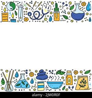 Affiche avec des icônes de médecine alternative de couleur doodle, des symboles autour. Illustration de Vecteur