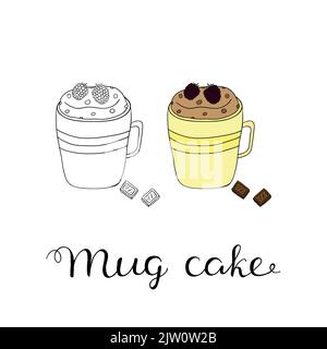 Contour dessiné à la main et gâteau de couleur mug avec mûres, chocolat isolé sur fond blanc. Illustration de Vecteur