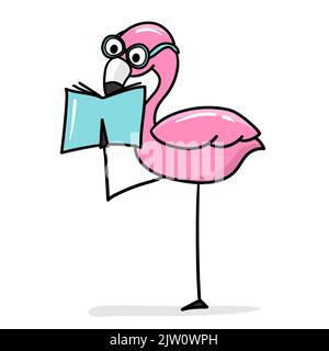 Rose flamant, personnage de zoo portant des lunettes et lisant un livre. Illustration vectorielle de dessin animé en blanc Illustration de Vecteur