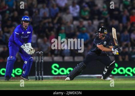 Southampton, Royaume-Uni. 02nd septembre 2022. Laurie Evans de Manchester Originals lors du match des cent originaux de Manchester contre London Spirit Men au Ageas Bowl, Southampton, Royaume-Uni, 2nd septembre 2022 (photo de Ben Whitley/News Images) à Southampton, Royaume-Uni, le 9/2/2022. (Photo de Ben Whitley/News Images/Sipa USA) crédit: SIPA USA/Alay Live News Banque D'Images