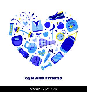 Icônes de la salle de gym et de la forme physique Blue Doodle en forme de cœur. Illustration de Vecteur