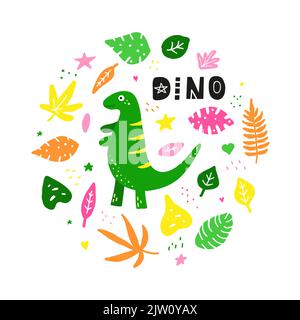 Composition avec dinosaure doodle et feuilles de jungle tropicale autour de lui isolé sur fond blanc. Illustration de Vecteur