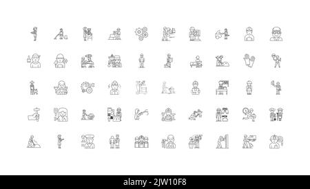 Idées de gens de travail, icônes linéaires, jeu de panneaux de ligne, collection de vecteurs Illustration de Vecteur