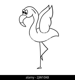 Flamants roses simples, vecteur de contour. Illustration vectorielle de la bande dessinée flamango. Le flamant mignon a soulevé ses ailes et se tient sur une jambe. Illustration de Vecteur