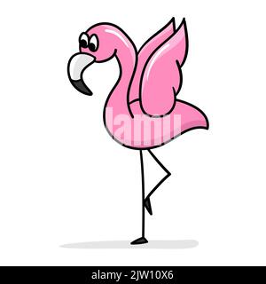 Dessin animé flamant. Le flamant rose mignon a soulevé ses ailes et se tient sur une jambe. Autocollant de dessin animé, contour épais. Icône de conception Illustration de Vecteur