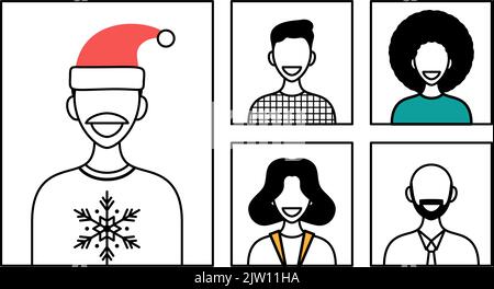 Message d'accueil en ligne de Noël en mode contour. Les personnes se réunissent en ligne avec leur famille ou leurs amis lors d'une discussion virtuelle sur la fenêtre du navigateur. Illustration de Vecteur