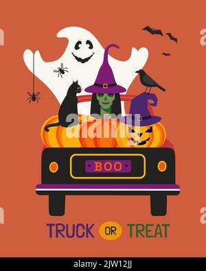 Camion ou cadeau Halloween Scraoky Scrace Cute Vector. Personnages mignons citrouille, sorcière, chat noir, fantôme. Symbole Halloween effrayant sur l'illustration du ramasseur Illustration de Vecteur