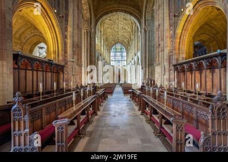 Stands de chœur et plafonds voûtés à l'intérieur de l'abbaye de Sherborne, Dorset, Royaume-Uni, le 28 août 2022 Banque D'Images