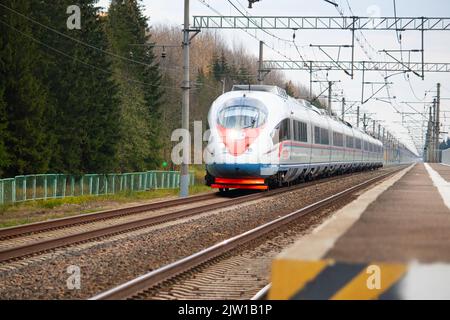 Train à grande vitesse sapsan en automne . Un article sur les trains à grande vitesse. Train Moscou - Saint-Pétersbourg. Lyuban, Russie, 11 octobre 2021 Banque D'Images