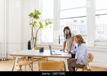 Femme d'affaires souriante et multiraciale regardant un ordinateur portable avec un collègue dans un bureau en studio Banque D'Images