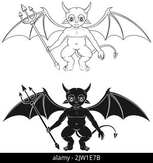 Conception vectorielle deux petits démons de couleurs différentes avec des tridents et des ailes démoniaques Illustration de Vecteur