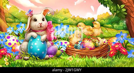 Joyeuses Pâques, œufs décoratifs, lapin et poussins dans le jardin fleuri Banque D'Images