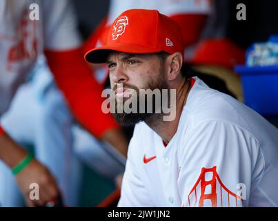 San Francisco, États-Unis. 14th juin 2022. San Francisco Giants premier baseman Brandon Belt (9) regarde pendant un match contre les Kansas City Royals à Oracle Park à San Francisco, le mardi, 14 juin 2022. (Photo de Nhat V. Meyer/Bay Area News Group/TNS/Sipa USA) crédit: SIPA USA/Alay Live News Banque D'Images