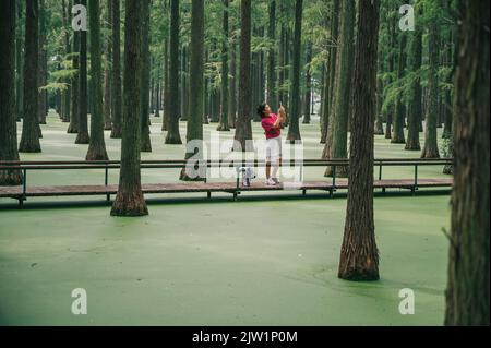 YANGZHOU, CHINE - 1 SEPTEMBRE 2022 - Un touriste joue au parc aquatique de la forêt humide du lac Luyang à Yangzhou, province de Jiangsu, Chine, 1 septembre 2022. Banque D'Images