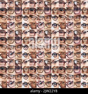 Là où il y a la vision il y a l'espoir. Image composite d'un assortiment d'yeux portant des lunettes. Banque D'Images