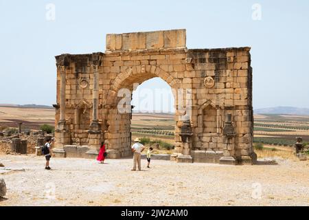 Arc de Triomphe, site archéologique, Volubilis, site classé au patrimoine mondial de l'UNESCO, près de Meknes, Maroc Banque D'Images