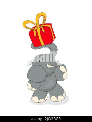 Éléphant avec boîte cadeau, personnage de dessin animé vectoriel sur fond blanc. Modèle de joyeux anniversaire Banque D'Images