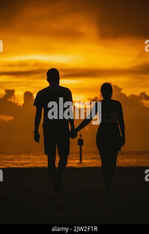Vue arrière silhouette de couple amoureux anonyme tenant les mains et marchant sur la plage vers la mer ondulée contre le ciel pittoresque de coucher de soleil à Clearwater Banque D'Images