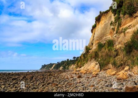 Falaises côtières et plage de pierres à Maketu dans la baie de Plenty, Nouvelle-Zélande Banque D'Images