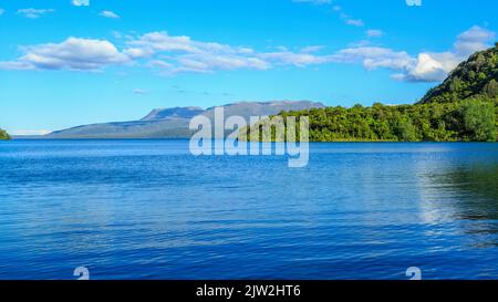 Vue panoramique sur le lac Tarawera dans la région des lacs de Rotorua, Nouvelle-Zélande. À l'horizon se trouve le mont Tarawera, un dôme volcanique Banque D'Images