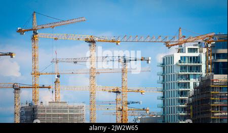 Hambourg, Allemagne. 01st septembre 2022. De nombreuses grues de construction peuvent être vues à divers chantiers de Hafencity. Credit: Christian Charisius/dpa/Alay Live News Banque D'Images