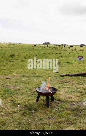 Une fosse à feu sur une ferme éclairée avec un petit feu et du bois recyclé écologique vous pouvez voir des flammes et de la fumée Banque D'Images