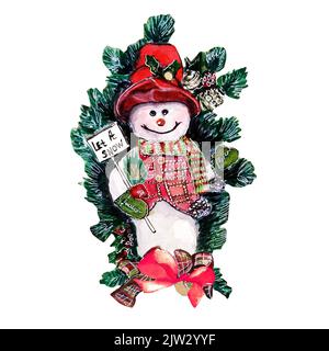 Dessin à la main aquarelle illustration de mignon bonhomme de neige en chapeau rouge dans les branches de pin, décor de Noël extérieur, couronne de Noël Banque D'Images