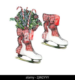 Aquarelle illustrateurs de paires de patins à glace vintage, décorés avec un gros noeud, des bonbons et des plantes de noël. Noël décoration, cartes, invitations Banque D'Images