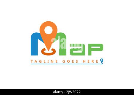 Letter M Map Typographie Vector pour GPS Map App logo Design, logo de carte avec emplacement de point d'épingle Illustration de Vecteur