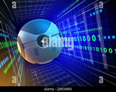 Périphérique sphérique se déplaçant dans un tunnel de code. Illustration numérique Banque D'Images