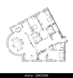 Plan architectural de l'appartement. Schéma technique. Vue de dessus avec un ensemble de meubles et de matériel de plomberie. Banque D'Images