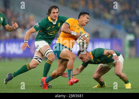 Sydney, Australie. 03rd septembre 2022. Len Ikitah de Wallabies dirige le ballon lors du match de rugby eToro entre l'Australie et l'Afrique du Sud au stade Allianz, Sydney, Australie, le 3 septembre 2022. Photo de Peter Dovgan. Utilisation éditoriale uniquement, licence requise pour une utilisation commerciale. Aucune utilisation dans les Paris, les jeux ou les publications d'un seul club/ligue/joueur. Crédit : UK Sports pics Ltd/Alay Live News Banque D'Images