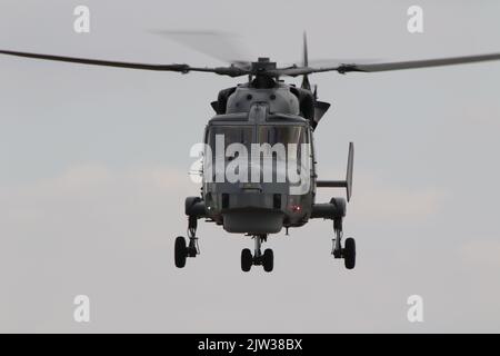 ZZ377, un AgustaWestland Wildcat HMA2 exploité par la Royal Navy, arrivant à RAF Fairford à Gloucestershire, en Angleterre, pour participer au Royal International Air Tattoo 2022 (RIAT 2022). Banque D'Images