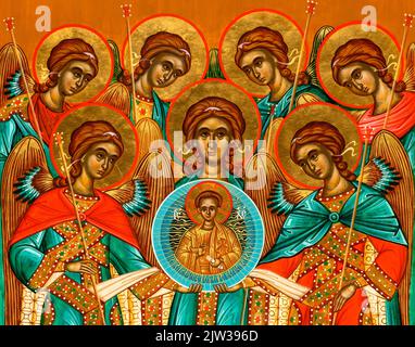 Icône orthodoxe représentant le Synaxis des Archanges Saints peint dans le style byzantin. Banque D'Images