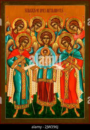 Icône orthodoxe représentant le Synaxis des Archanges Saints peint dans le style byzantin. Banque D'Images
