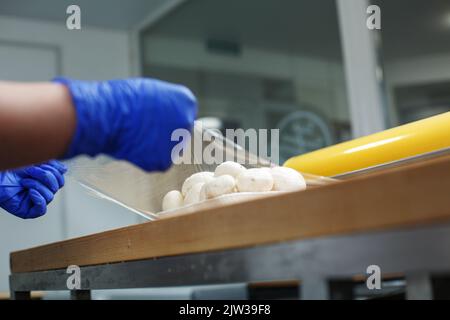 L'ouvrier enveloppe les champignons couchés dans un plat en mousse dans un film étirable. Gros plan des mains de l'homme dans des gants jetables faisant des portions de champignons les enveloppant Banque D'Images