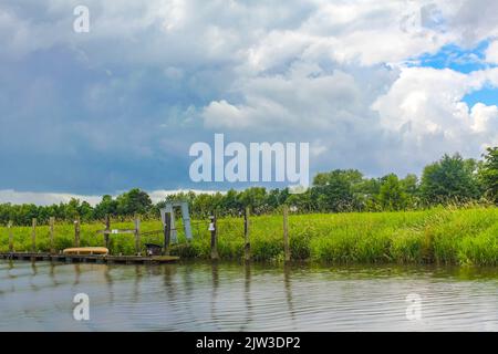 Magnifique paysage naturel vue panoramique avec arbres de forêt jetée jetée bateaux et vagues de l'Oste rivière dans hemmoor Hechthausen Cuxhaven Basse-Saxe Banque D'Images