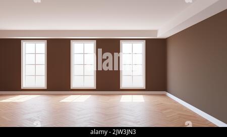 Magnifique intérieur vide de la chambre brune avec un plafond blanc et un parquet en Cornice brillant à chevrons, trois grandes fenêtres et un Plinth blanc. 3D illustration, 8K Ultra HD, 7680 x 4320 Banque D'Images