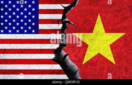 Etats-Unis contre Vietnam drapeaux sur un mur avec une fissure. Vietnam et États-Unis d'Amérique conflit politique, crise de guerre, économie, relations, concept commercial Banque D'Images