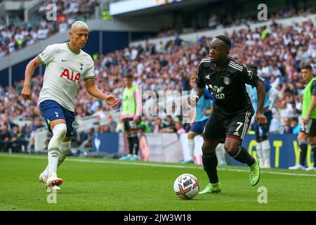 3rd septembre 2022 ; Stade Tottenham Hotspur. Tottenham, Londres, Angleterre; Premier League football, Tottenham Hotspur versus Fulham: Neeskens Kebano de Fulham Banque D'Images