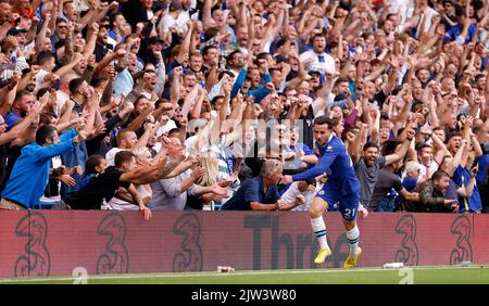 Ben Chilwell, de Chelsea, célèbre le premier but du match de sa partie lors du match de la Premier League à Stamford Bridge, Londres. Date de la photo: Samedi 3 septembre 2022. Banque D'Images