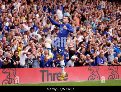 Ben Chilwell, de Chelsea, célèbre le premier but du match de sa partie lors du match de la Premier League à Stamford Bridge, Londres. Date de la photo: Samedi 3 septembre 2022. Banque D'Images