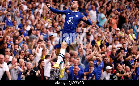 Ben Chilwell, de Chelsea, célèbre le premier but du match de sa partie lors du match de la Premier League à Stamford Bridge, Londres. Date de la photo: Samedi 3 septembre 2022. Banque D'Images